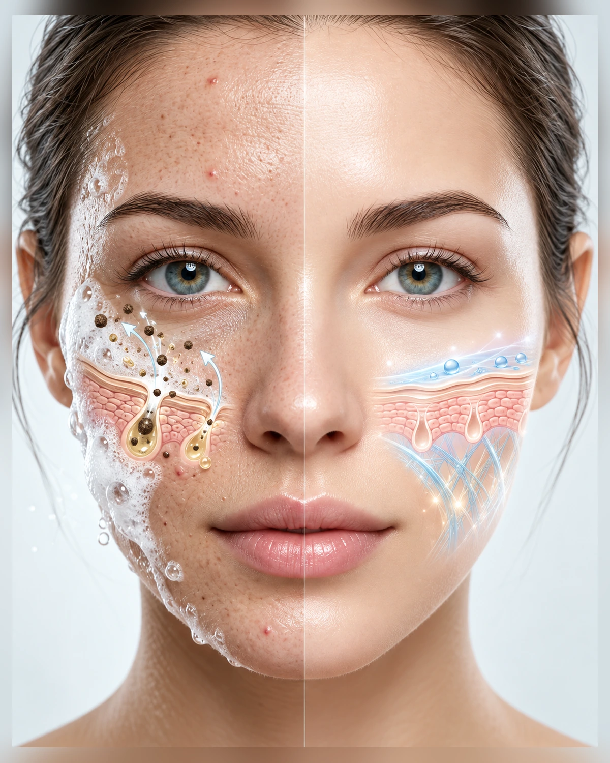 Human-face before and after cleansing simulation