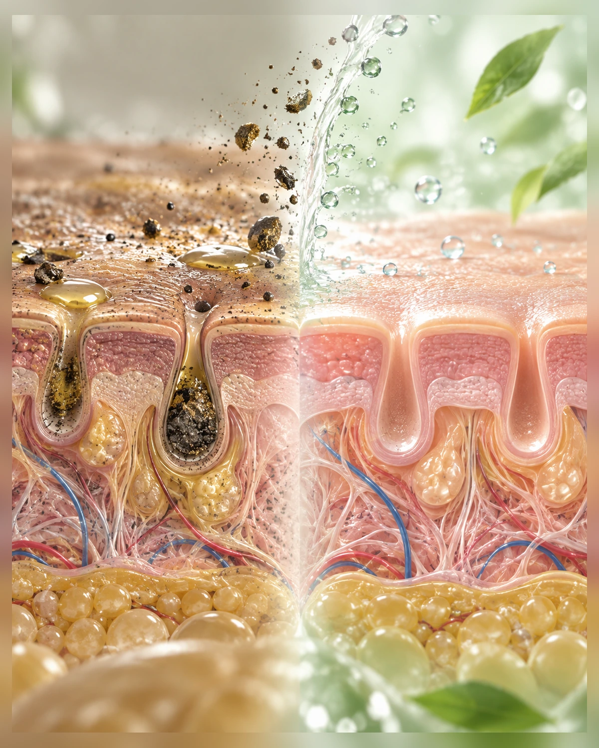 Skin cross-section before and after cleansing simulation