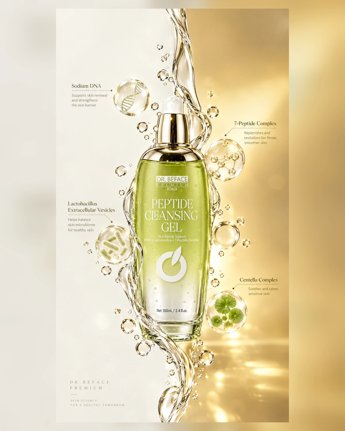 Luxury active-ingredient visual for DR.BEFACE PREMIUM PEPTIDE CLEANSING GEL