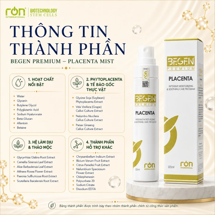 Thông tin thành phần – BEGEN PREMIUM PLACENTA MIST 120 ml
