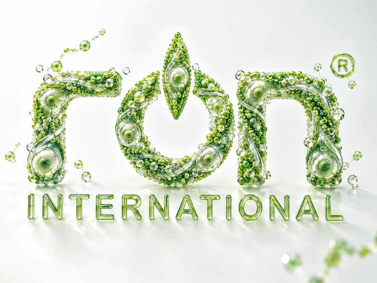 Logo RON INTERNATIONAL® từ chuỗi peptide và cấu trúc mô phỏng tế bào gốc.