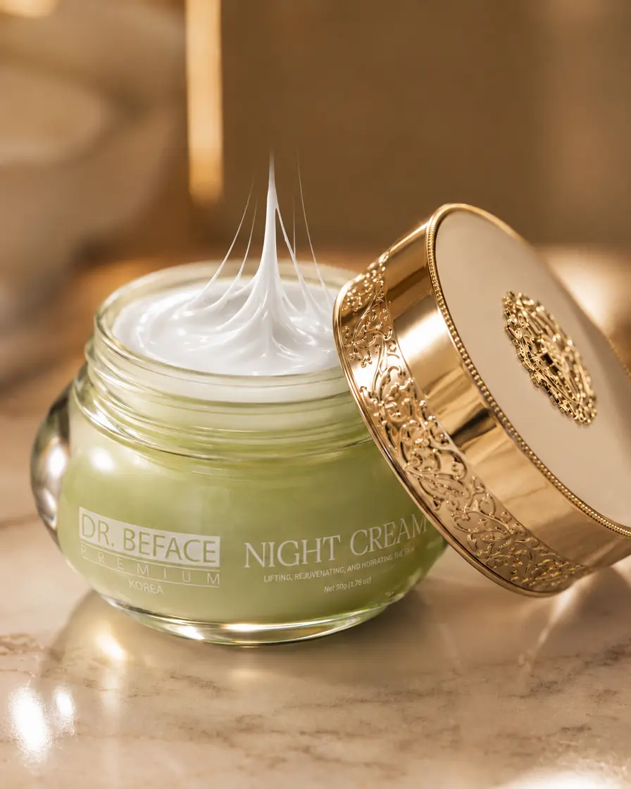 Hũ DR.BEFACE PREMIUM® NIGHT CREAM mở nắp với chất kem trắng kéo thành nhiều sợi mảnh như tơ.
