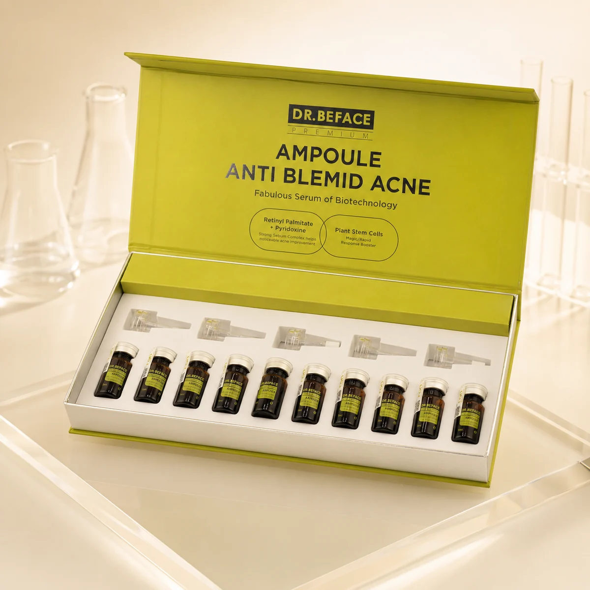 Hộp ampoule Anti Blemid Acne DR.BEFACE mở nắp, chụp góc chéo trên nền kem sáng.