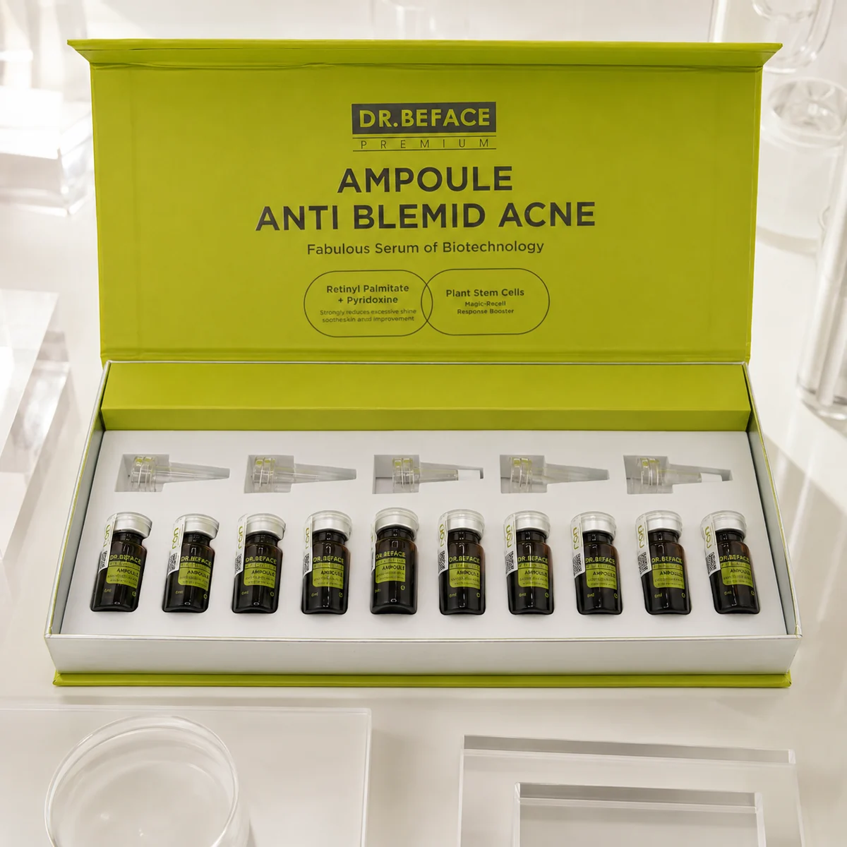 Bộ ampoule Anti Blemid Acne DR.BEFACE mở hộp, với các lọ và đầu dùng xếp trong khay trắng.