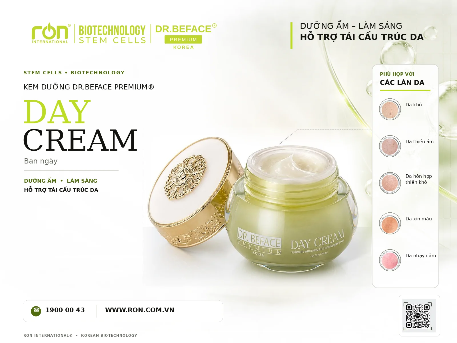 Hũ kem ngày DR.BEFACE PREMIUM mở nắp cùng bảng giới thiệu sản phẩm