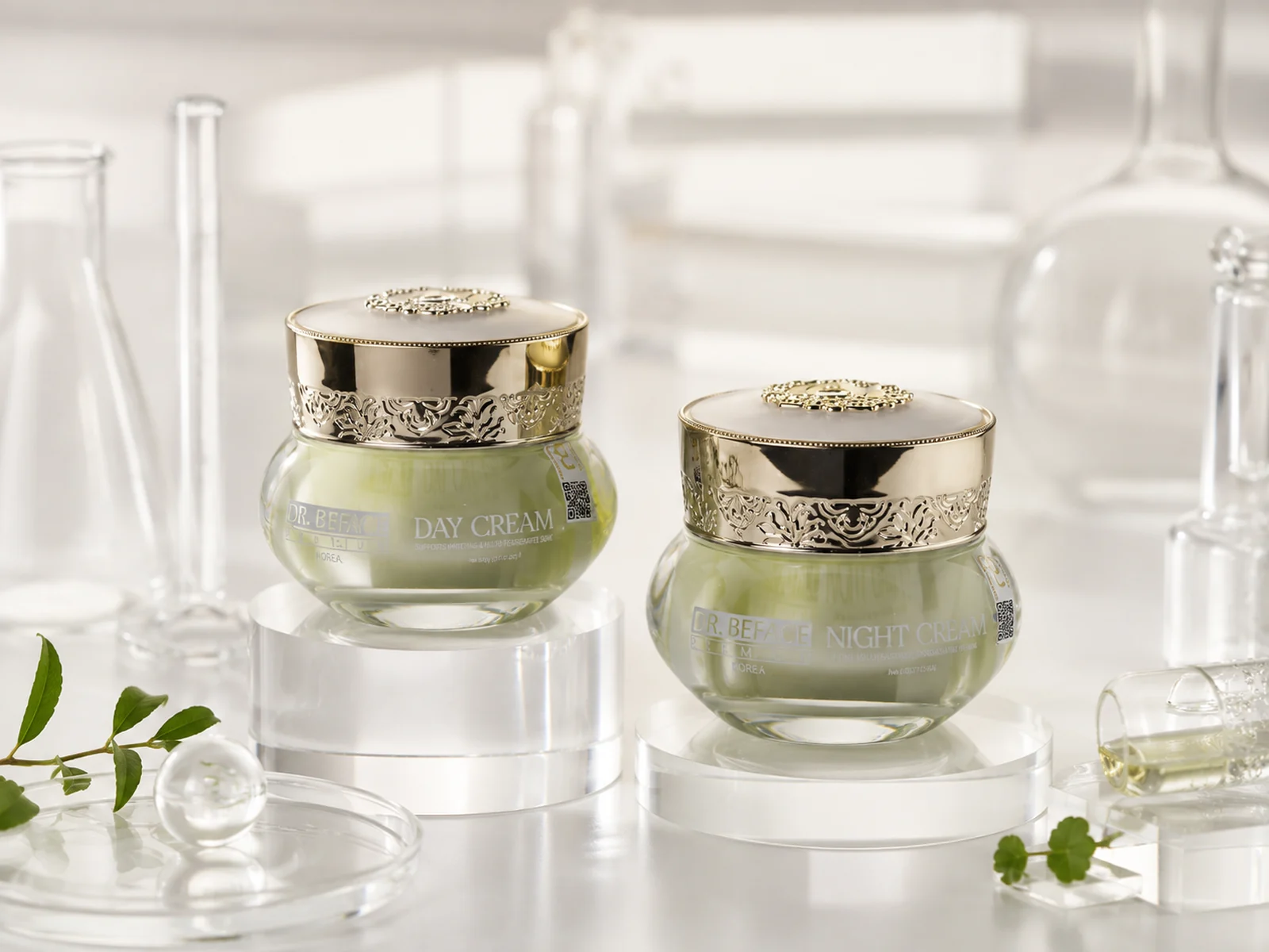 Hũ Day Cream và Night Cream DR.BEFACE đặt trên hai đế acrylic trong suốt.
