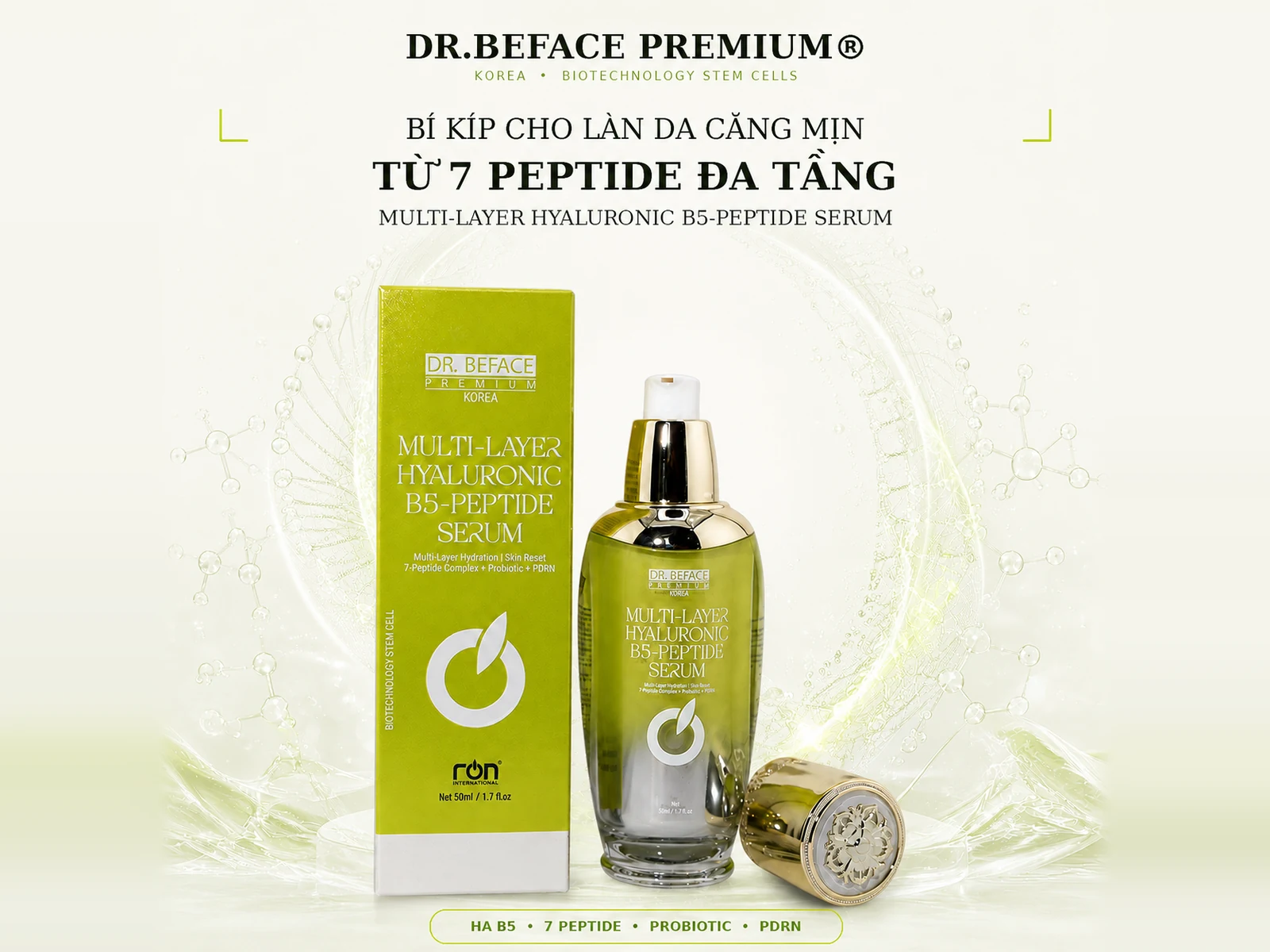 Chai và hộp serum B5-Peptide DR.BEFACE PREMIUM cùng bảng giới thiệu bảy peptide