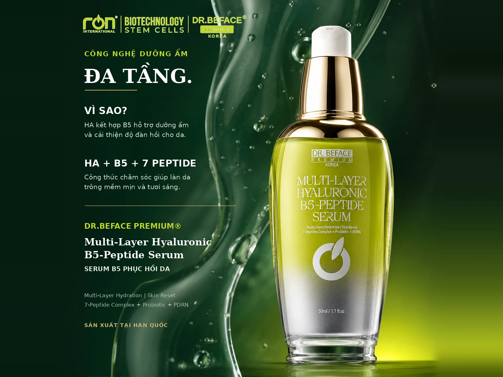 Serum B5-Peptide DR.BEFACE PREMIUM cùng bảng giới thiệu dưỡng ẩm trên nền xanh