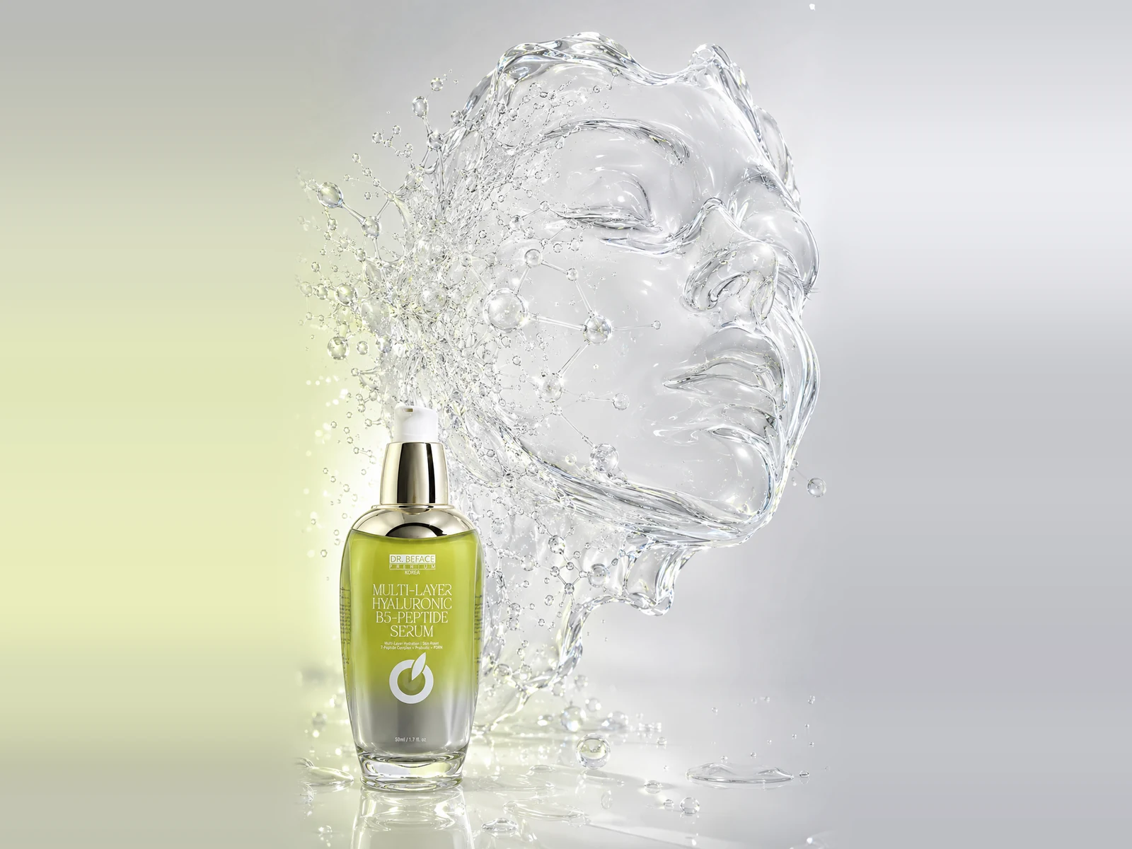 Serum B5-Peptide DR.BEFACE PREMIUM bên hình khuôn mặt tạo bởi nước