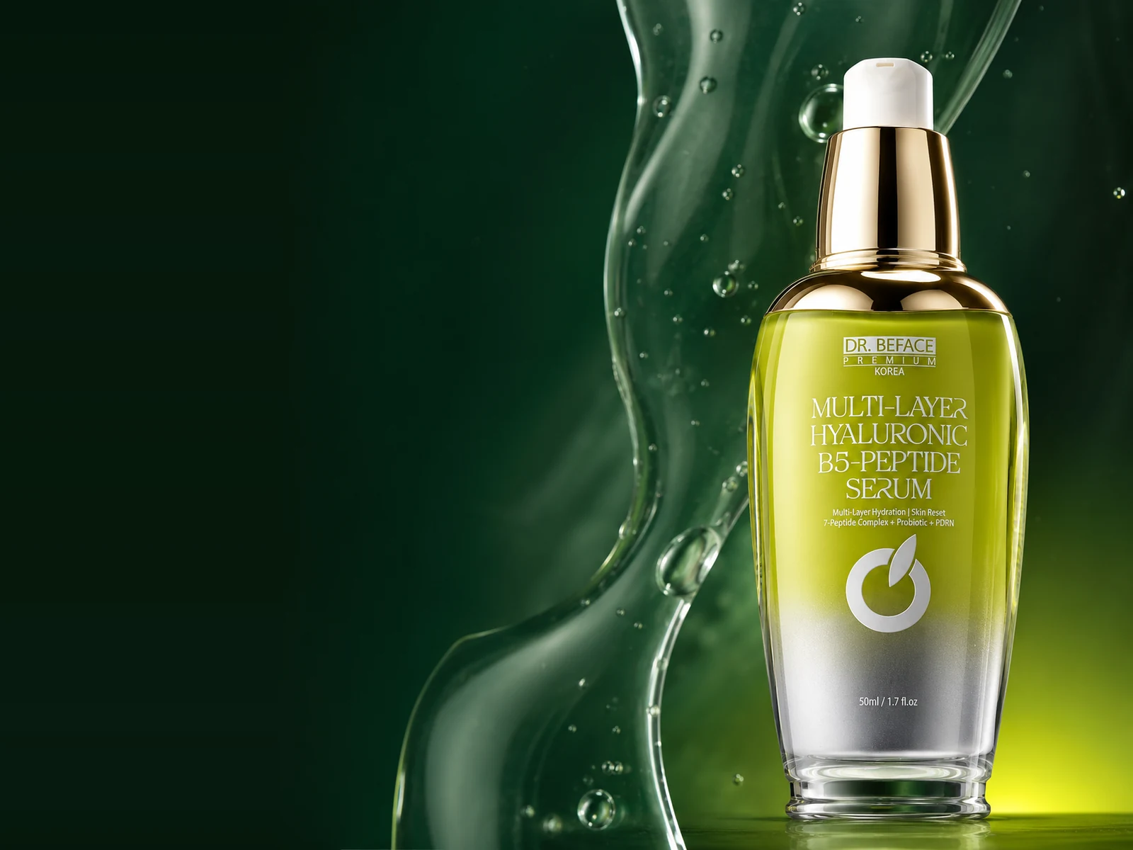 Chai serum B5-Peptide DR.BEFACE PREMIUM mở nắp trên nền xanh đậm