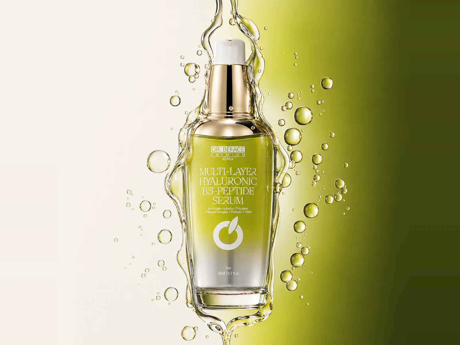 Serum B5-Peptide DR.BEFACE PREMIUM giữa các giọt nước trên nền trắng và xanh