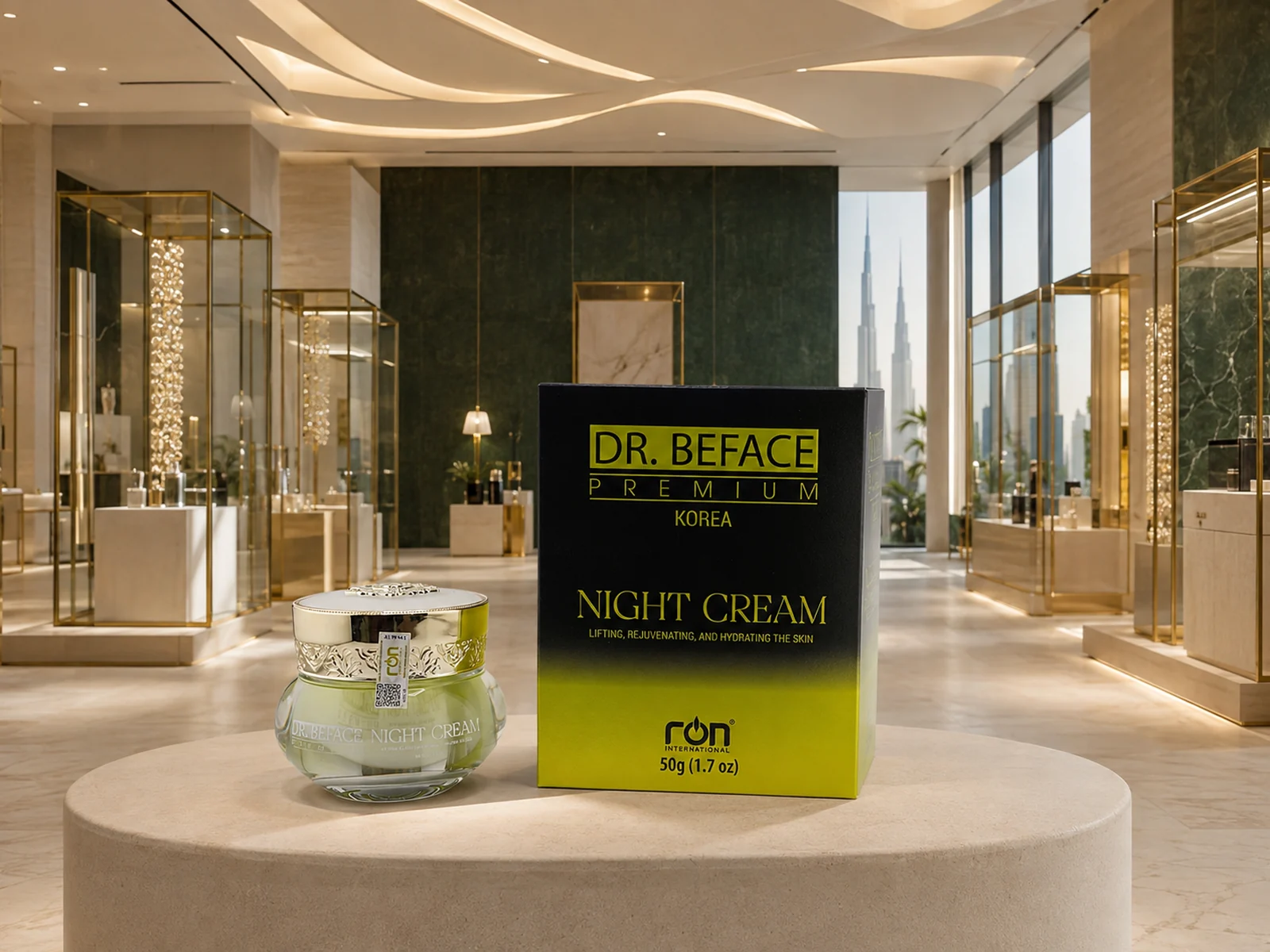 Hũ và hộp kem đêm DR.BEFACE PREMIUM trên bàn trưng bày trong không gian vàng