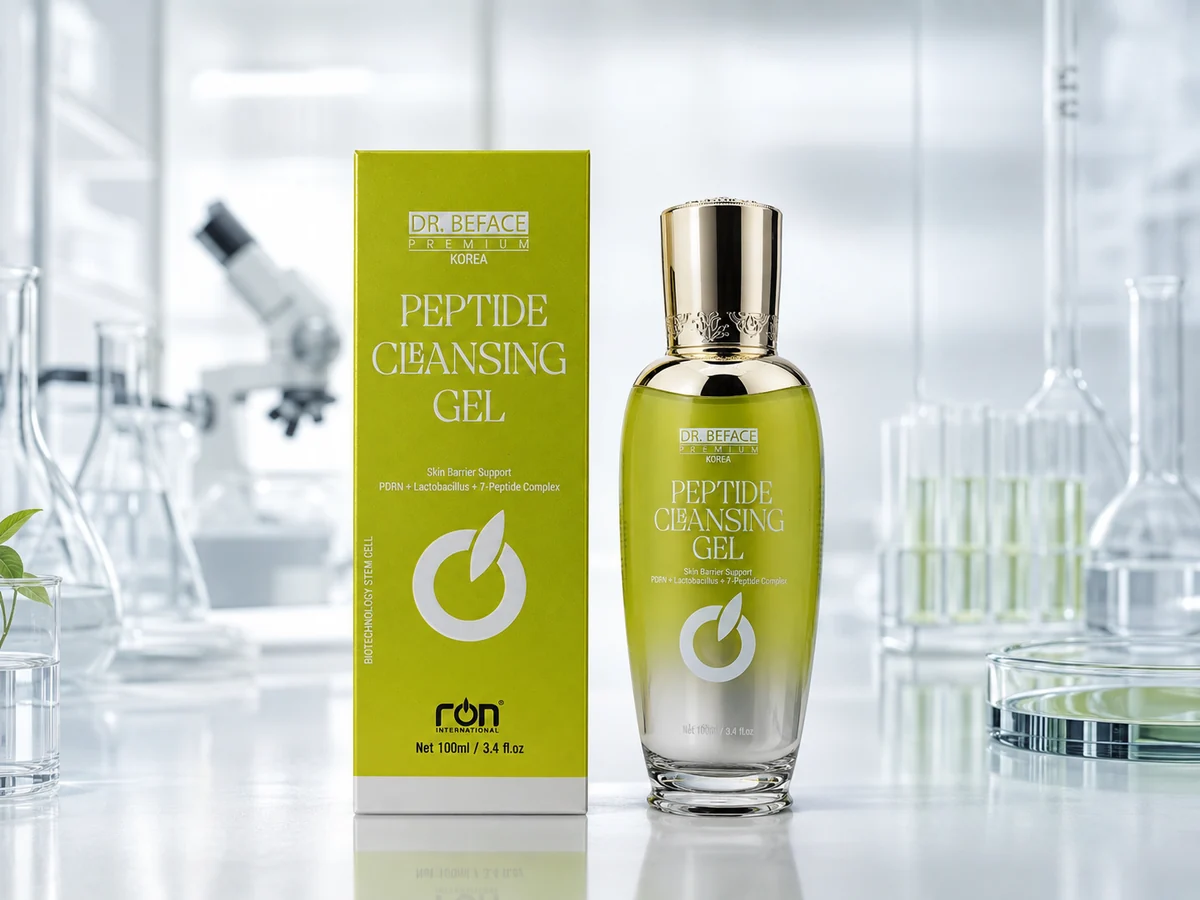 Chai và hộp Peptide Cleansing Gel DR.BEFACE chụp chính diện trên bàn kính trong lab.