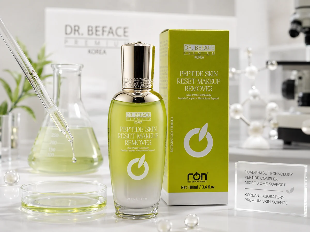 Chai và hộp Peptide Skin Reset Makeup Remover DR.BEFACE trên bàn lab cạnh ống nhỏ giọt.