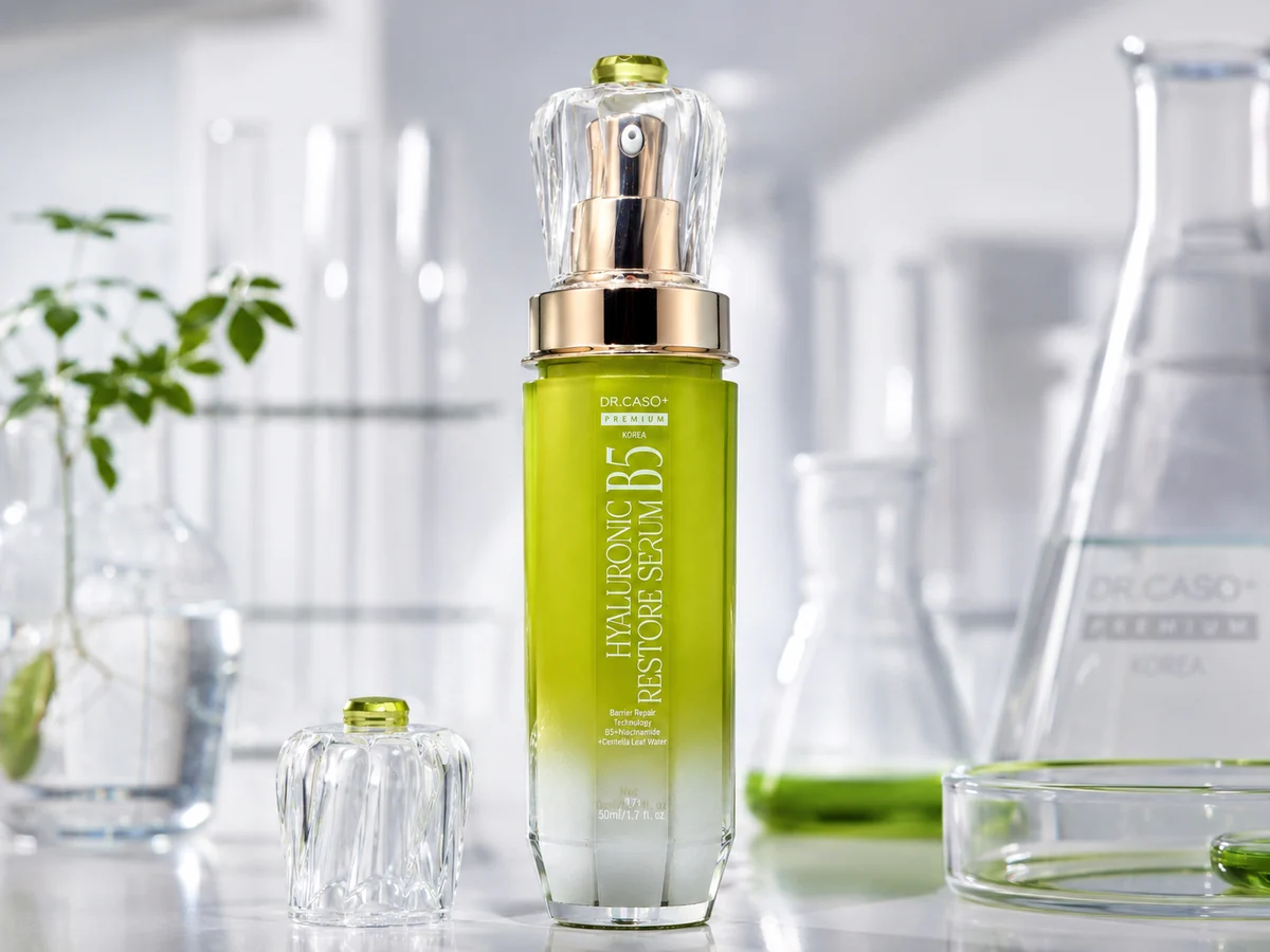 Chai Hyaluronic B5 Restore Serum DR.CASO+ PREMIUM cạnh dụng cụ thủy tinh