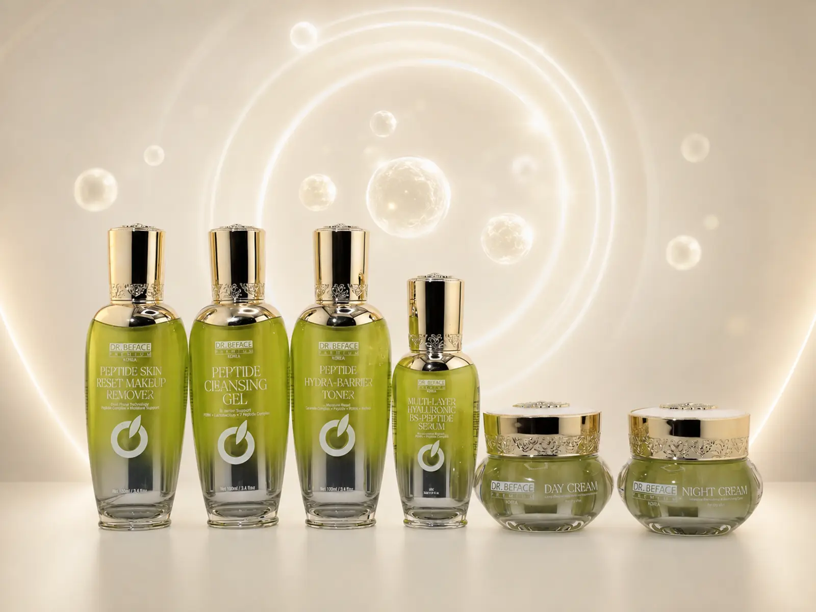Sáu sản phẩm DR.BEFACE PREMIUM xếp hàng trên nền ánh sáng vàng