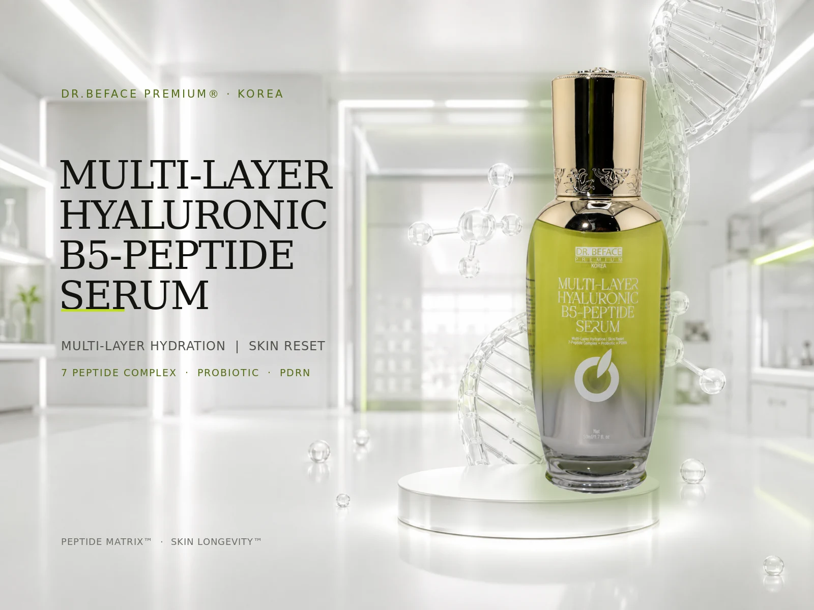 Serum B5-Peptide DR.BEFACE PREMIUM cùng tiêu đề sản phẩm trên nền phòng lab