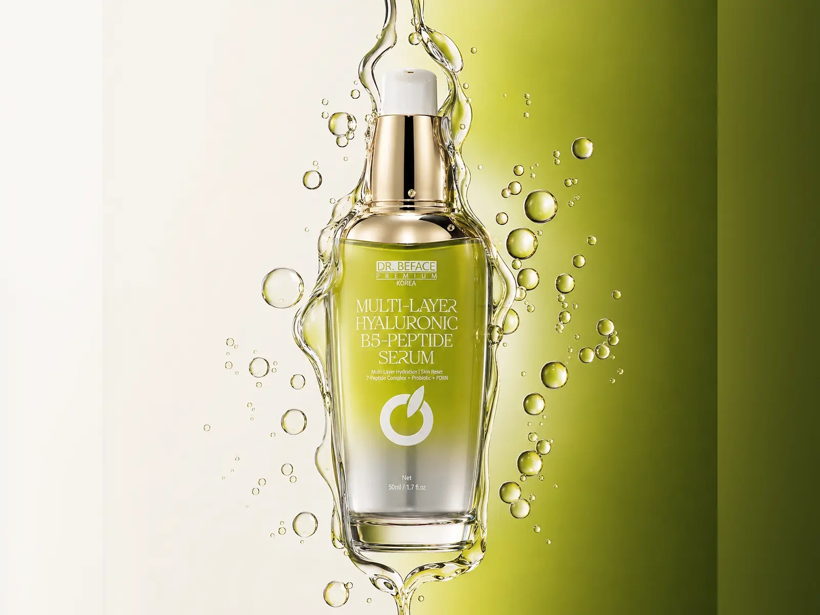 Serum Hyaluronic B5 Peptide DR.BEFACE giữa hiệu ứng nước trên nền xanh.