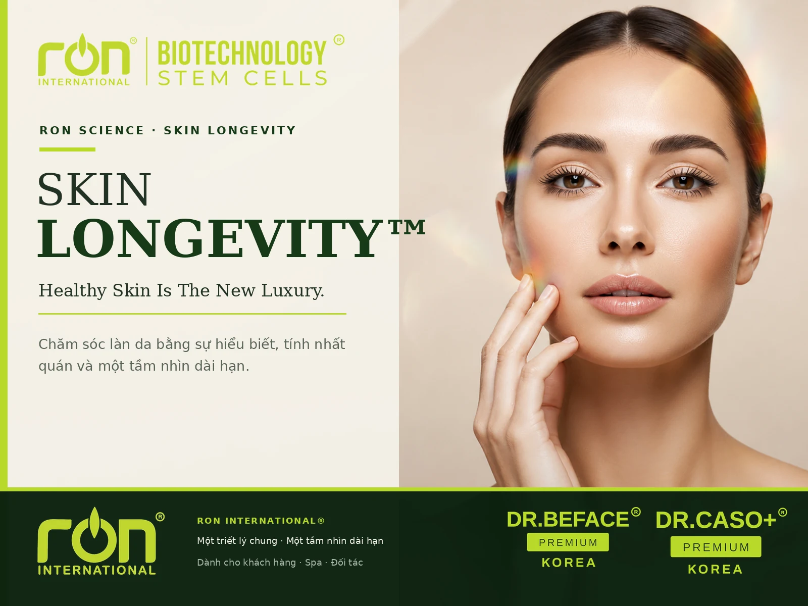 Poster RON Skin Longevity với người mẫu và logo DR.BEFACE, DR.CASO.