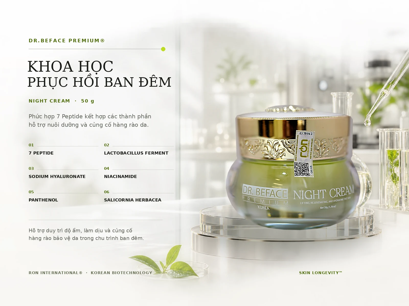 Kem dưỡng DR.BEFACE Premium Night Cream trong banner khoa học phục hồi ban đêm