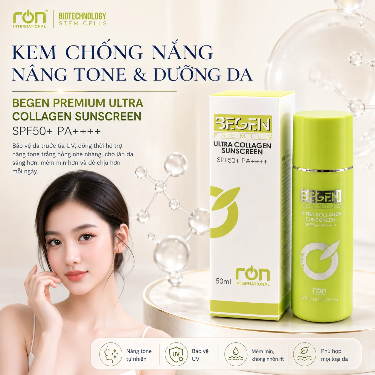 Kem chống nắng BEGEN Premium Ultra Collagen Sunscreen và hộp sản phẩm