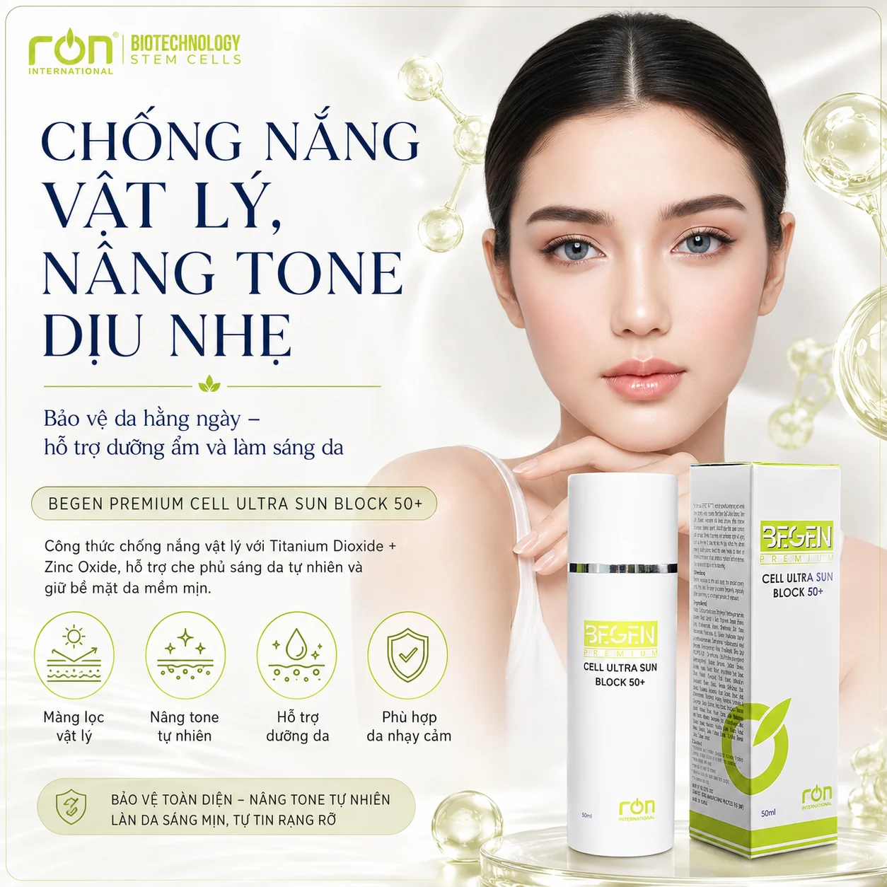 Kem chống nắng BEGEN Premium Cell Ultra Sun Block 50+ và hộp sản phẩm