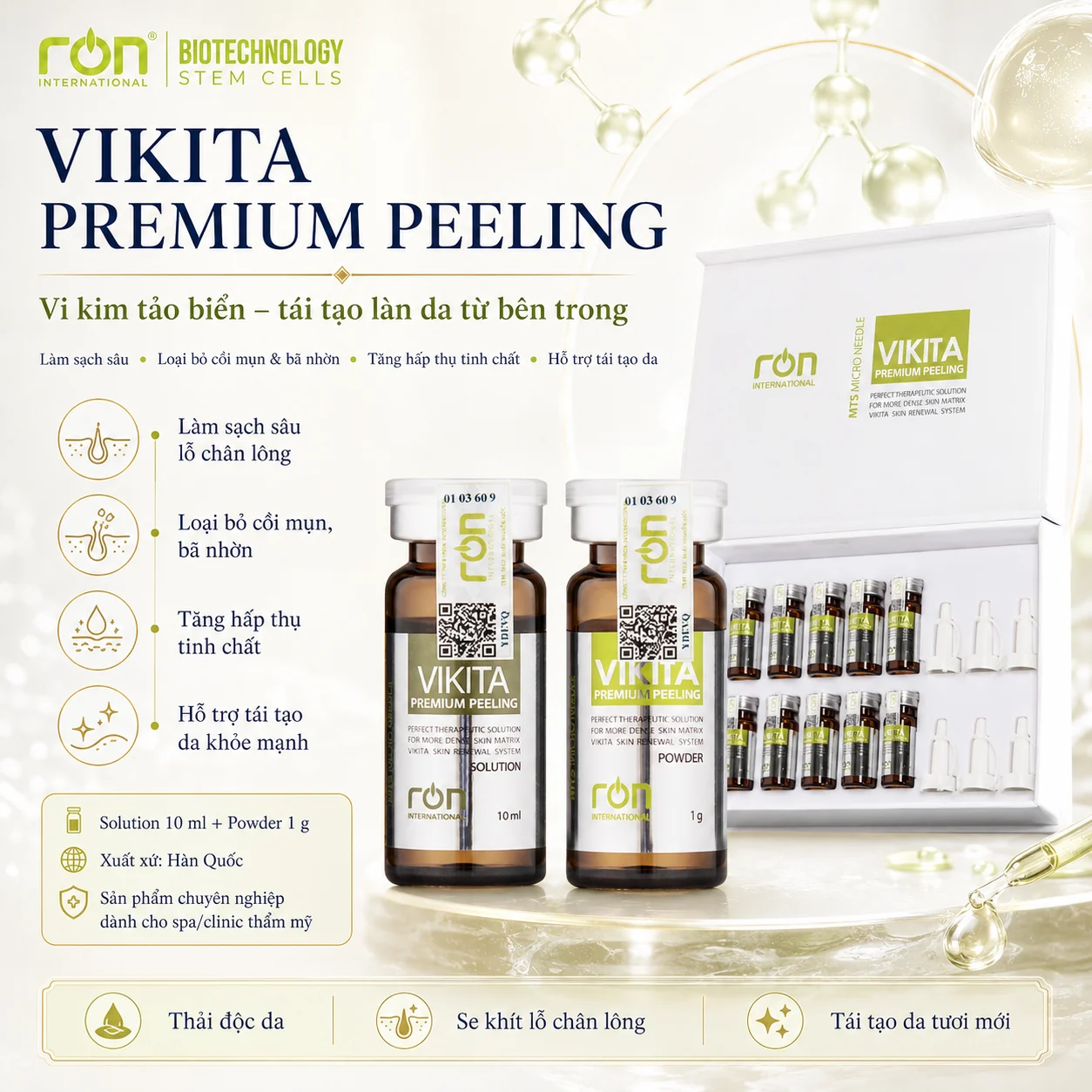 Bộ VIKITA Premium Peeling gồm Solution 10 ml, Powder 1 g và hộp sản phẩm
