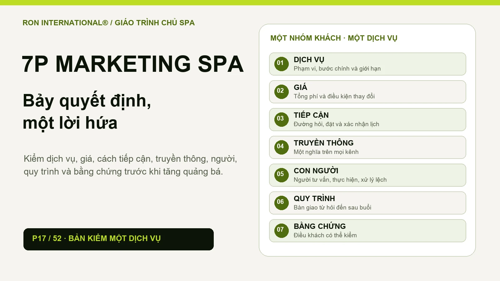 Bản đồ bảy quyết định 7P Marketing Spa quanh lời hứa với một nhóm khách