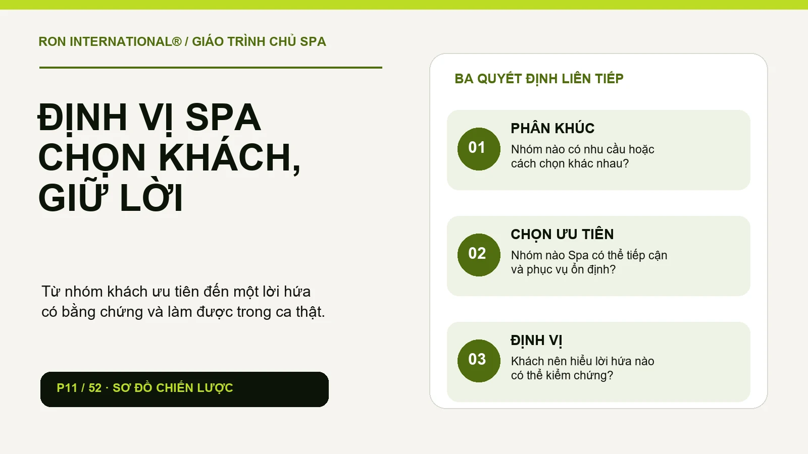 Sơ đồ ba bước phân khúc, chọn nhóm khách ưu tiên và định vị Spa từ bằng chứng