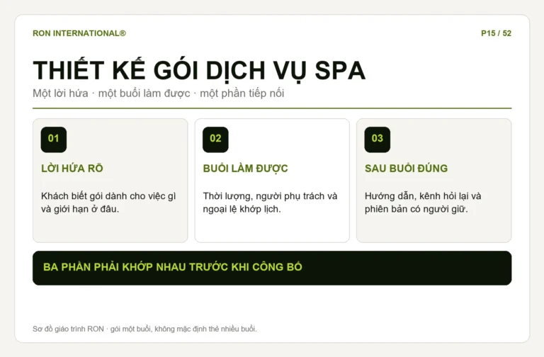 Sơ đồ cấu trúc gói dịch vụ Spa gồm lời hứa, trải nghiệm một buổi và hướng dẫn sau buổi