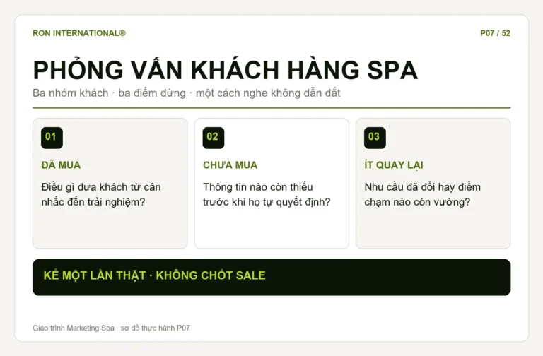 Sơ đồ ba nhóm khách để phỏng vấn Spa: đã mua, chưa mua và ít quay lại.