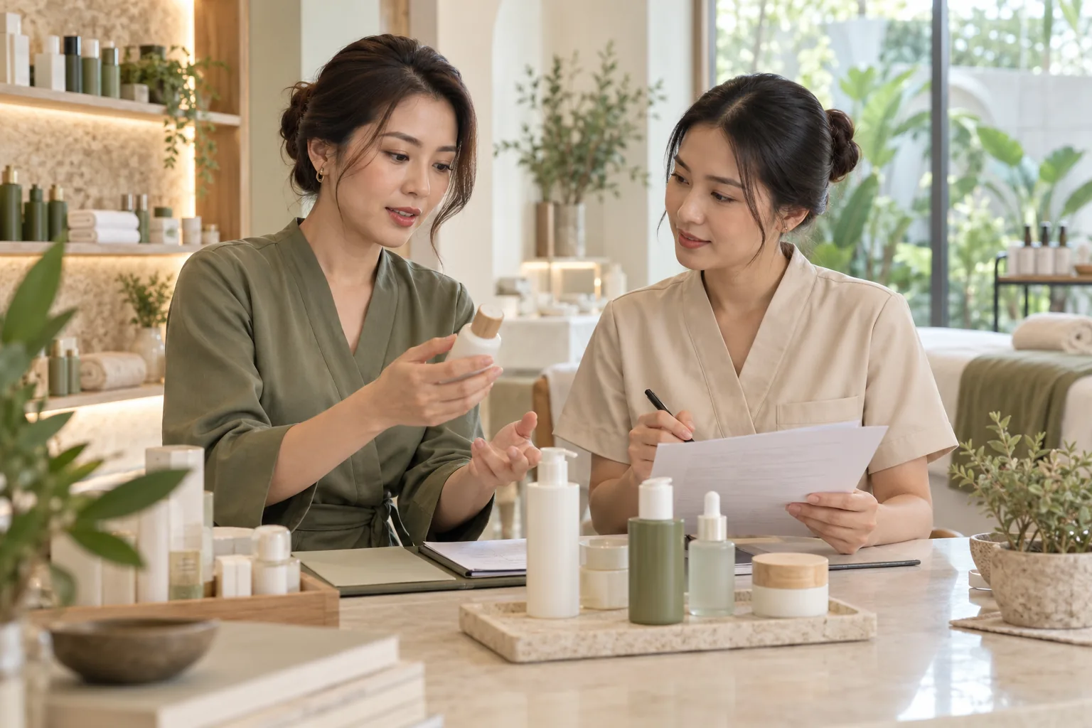 Hai nhân viên Spa đối chiếu sản phẩm và phiếu nhập trong cảnh minh họa hư cấu
