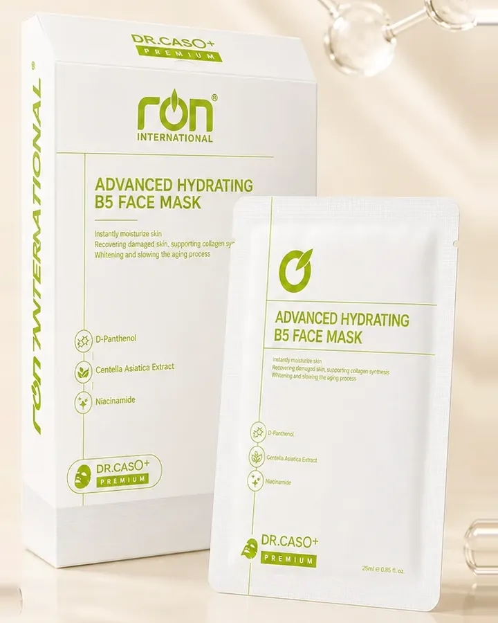 Mặt nạ DR.CASO+ ADVANCED HYDRATING B5 FACE MASK 27 ml, hộp và miếng mặt nạ