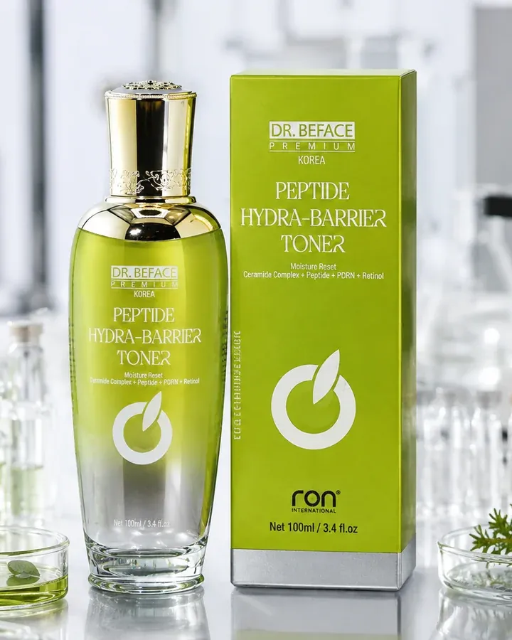 Nước cân bằng DR.BEFACE PREMIUM® PEPTIDE HYDRA-BARRIER TONER 100 ml, chai và hộp